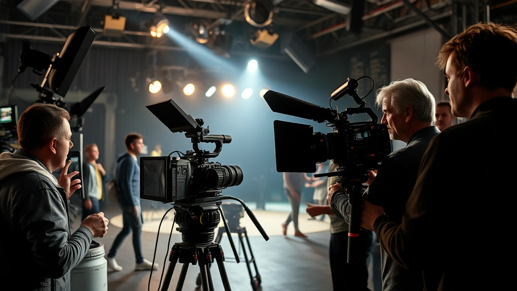 Film crew operating sophisticated camera equipment on movie set with dramatic lighting setup, multiple crew members collaborating, professional cinema production environment, technical precision visible