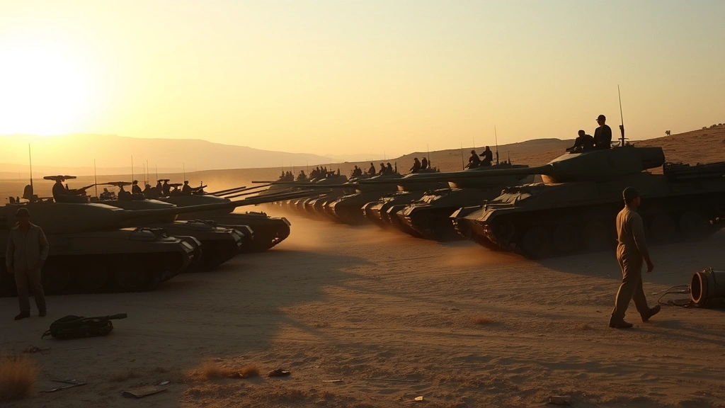 Wide shot of 1960s film production with vintage military tanks lined up on a Mediterranean landscape during golden hour, crew members in period costume visible, dust and dramatic lighting emphasizing scale of production setup