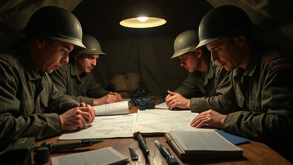 Close-up of soldiers in World War II uniforms studying tactical maps by lamplight in a command tent, faces showing concentration and exhaustion, period-accurate equipment and documents scattered across wooden table surfaces