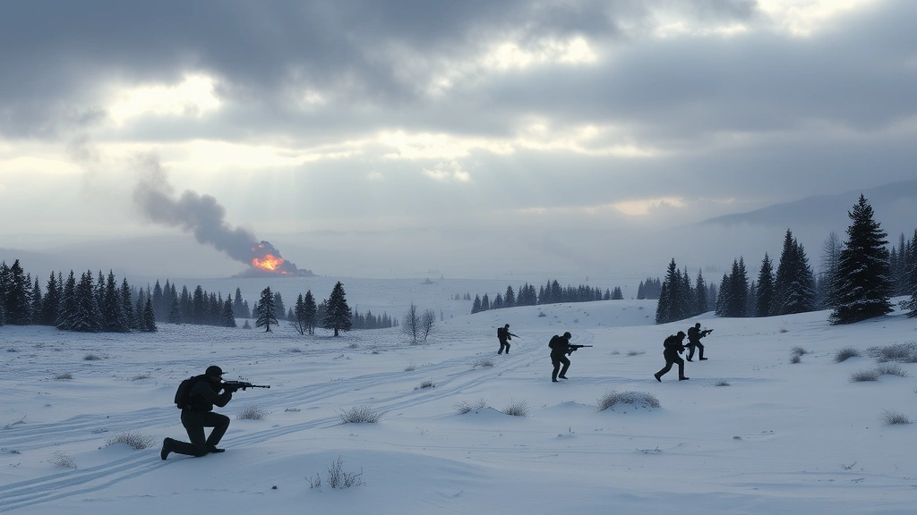 Panoramic view of snowy winter battlefield with smoke rising from distant explosions, silhouetted soldiers in combat positions across white terrain, evergreen trees creating depth, dramatic storm clouds overhead casting shadows across landscape