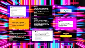Digital collage showing multiple computer screens displaying various meme formats and text snippets, vibrant neon colors, abstract representation of viral content spreading across networks, no actual text visible, modern digital aesthetic