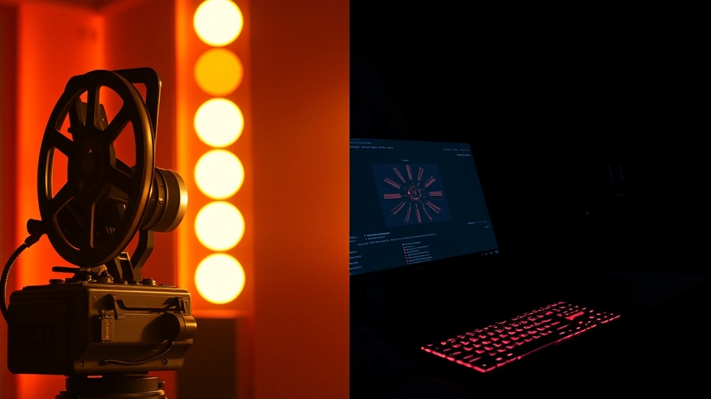 Split-screen composition: left side shows classic film projector with warm lighting, right side shows glowing computer keyboard and monitor in dark room, representing transition from traditional to digital media culture, cinematic lighting