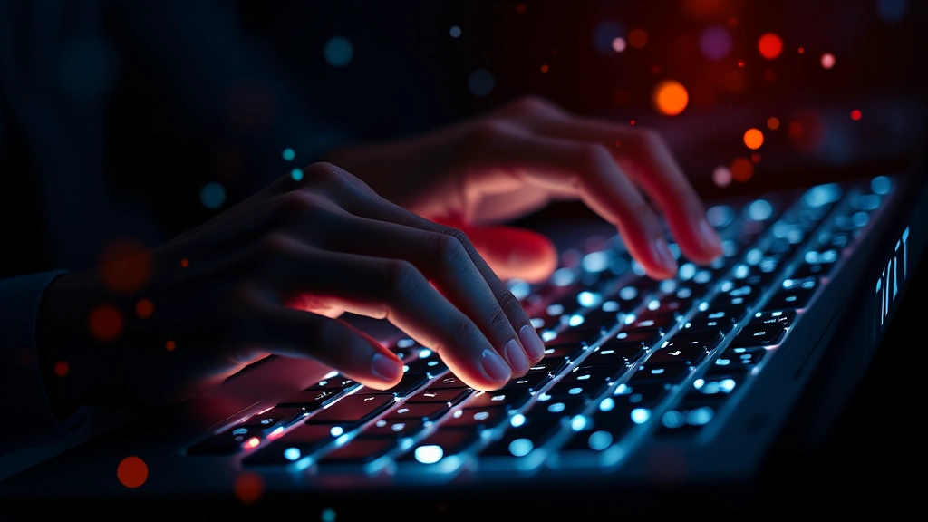 Close-up of hands typing on illuminated keyboard in dark environment, surrounded by floating digital particles and light trails, representing content creation and digital participation, modern tech workspace atmosphere