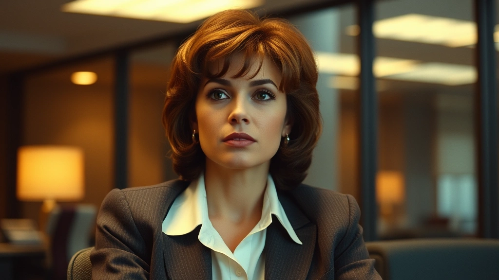 Female actor in 1980s professional setting, wearing business attire, sitting in modern office with warm lighting, thoughtful expression, photographed from medium distance, natural color grading, photorealistic cinematic quality
