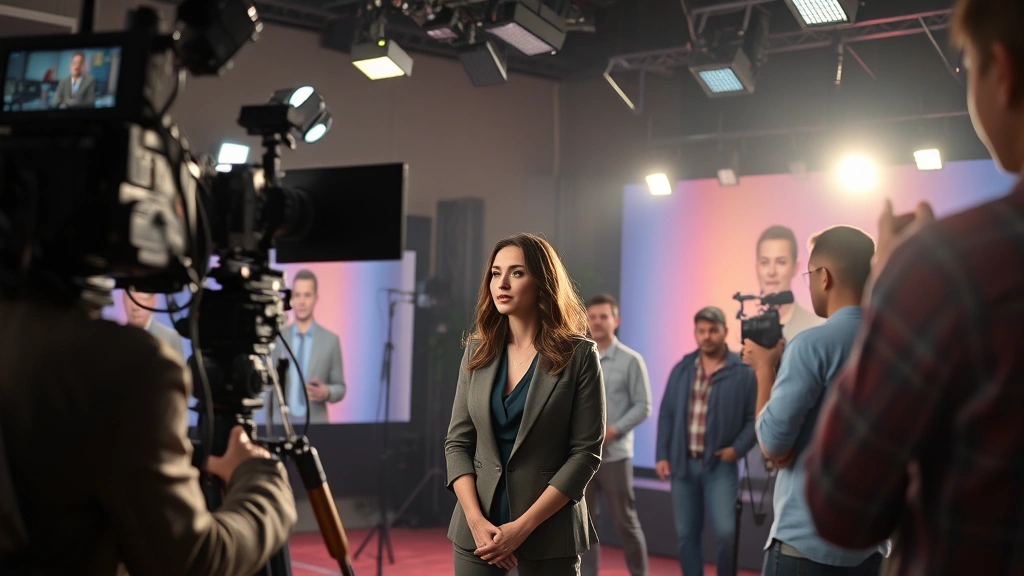 Professional female performer on television set, surrounded by production equipment and crew members, engaged in scene work, dramatic lighting setup, behind-the-scenes documentary style photography, authentic production environment