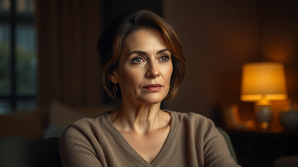 Mature female actor in contemporary dramatic scene, seated in intimate setting with warm atmospheric lighting, expressive face showing emotional depth, professional cinematography style, modern television production aesthetic
