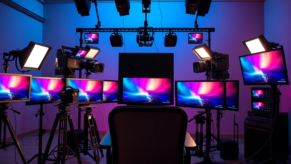 Modern cinema production setup with professional lighting rigs, color grading monitors displaying fantasy color palettes, director's chair in focus, creative filmmaking environment, no visible text on screens