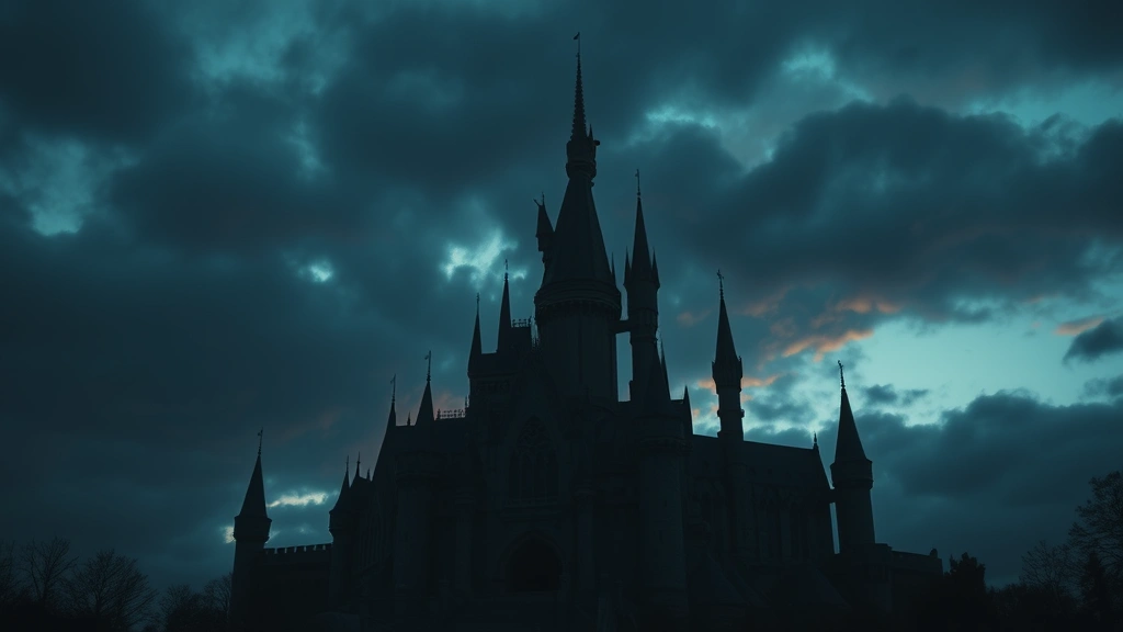 Cinematic composition of a grand fantasy castle silhouetted against dramatic sky, atmospheric lighting design, professional cinematography setup, moody color grading, no text or readable elements