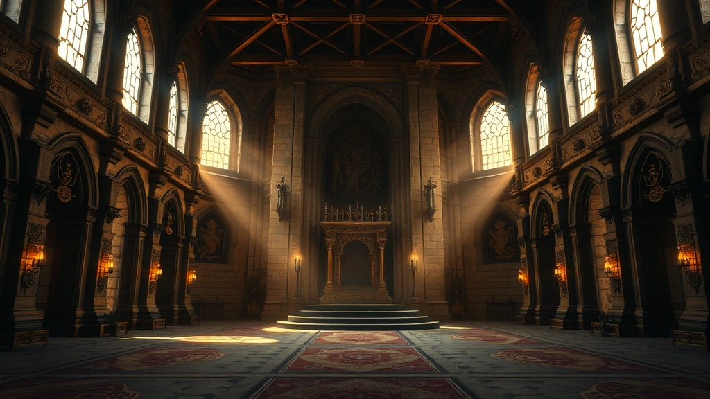 Medieval castle throne room with dramatic golden lighting, ornate stone architecture, empty regally decorated interior, cinematic production design, photorealistic atmosphere, no people visible, medieval fantasy aesthetic