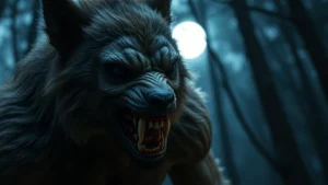 Close-up of a werewolf creature mid-transformation in dim moonlit forest, showing detailed practical makeup effects and prosthetics with realistic fur texture and muscular definition, photorealistic, cinematic lighting, no text or interface elements visible
