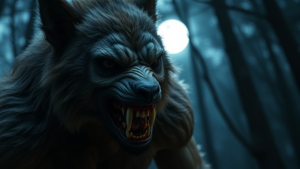 Close-up of a werewolf creature mid-transformation in dim moonlit forest, showing detailed practical makeup effects and prosthetics with realistic fur texture and muscular definition, photorealistic, cinematic lighting, no text or interface elements visible
