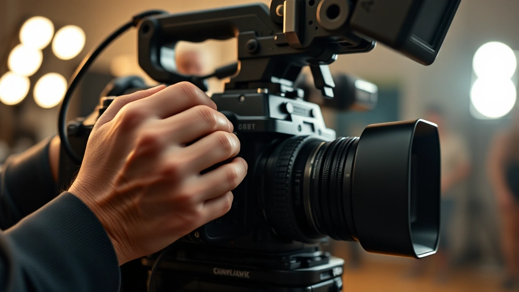Close-up of filmmaker's hands adjusting professional cinema camera equipment on set with soft studio lighting, showing technical craftsmanship and production detail, no visible screens or text, focused on the artistry of filmmaking