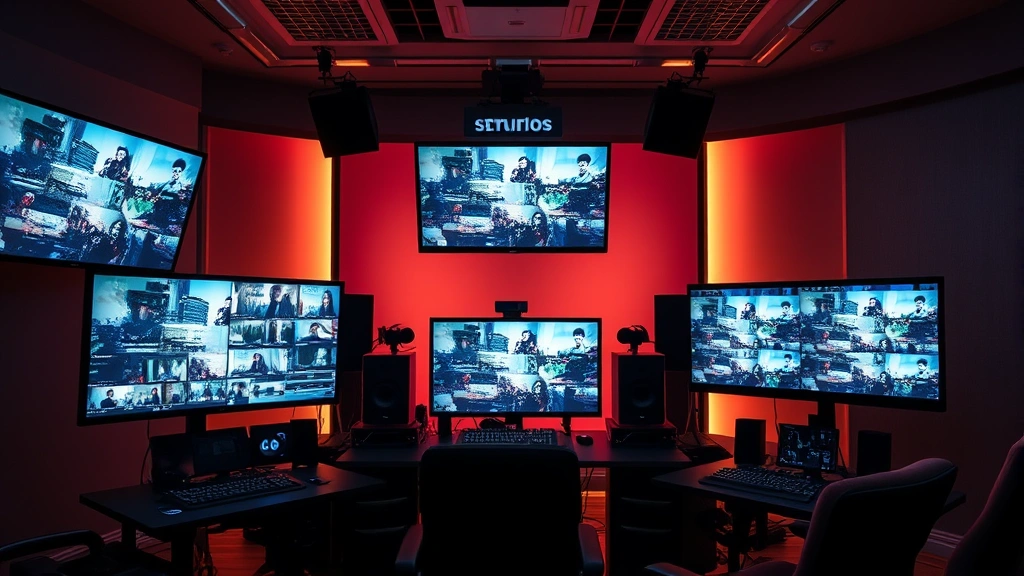 Interior scene of modern film editing suite with multiple professional monitors displaying color-graded footage, soft ambient lighting creating professional atmosphere, no readable text on screens, emphasizing post-production technical excellence