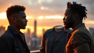 Two Black actors in intimate conversation at sunset, warm golden lighting, emotional connection visible in expressions, urban rooftop setting with city skyline blurred background, cinematic depth of field, photorealistic contemporary style
