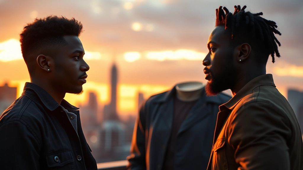 Two Black actors in intimate conversation at sunset, warm golden lighting, emotional connection visible in expressions, urban rooftop setting with city skyline blurred background, cinematic depth of field, photorealistic contemporary style