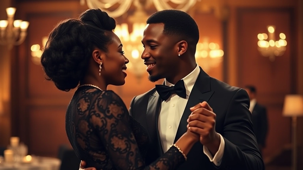 Black couple dancing together in elegant venue, soft romantic lighting, genuine joy and connection, formal attire, shallow depth of field focusing on their faces, warm color grading, photorealistic intimate moment