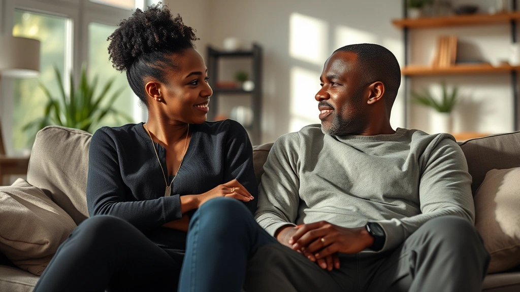 Black woman and man sitting together on couch, natural home lighting, vulnerable conversation moment, realistic contemporary interior design, authentic emotional expressions, photorealistic candid feeling, warm neutral tones