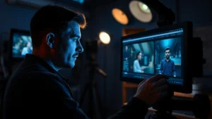 Cinematographer reviewing color-graded footage on professional monitor in dimly lit editing suite, blue-tinted lighting reflecting on face, focused concentration, film equipment visible in background, photorealistic digital media environment