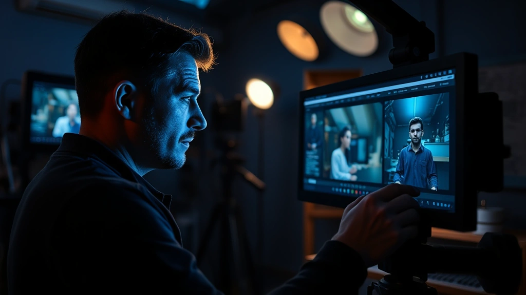 Cinematographer reviewing color-graded footage on professional monitor in dimly lit editing suite, blue-tinted lighting reflecting on face, focused concentration, film equipment visible in background, photorealistic digital media environment