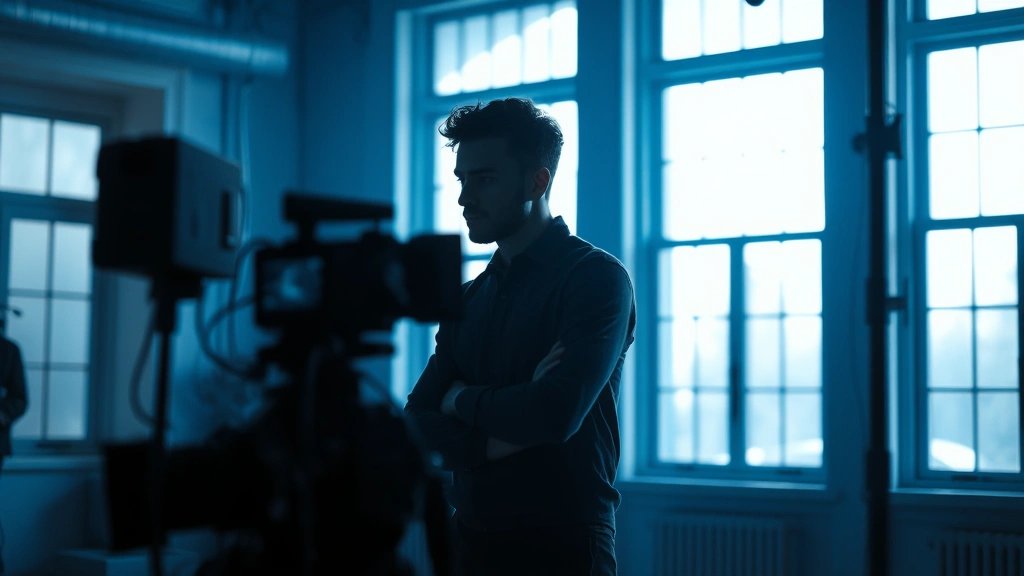 Film production set with actor in contemplative pose, moody blue-tinted natural lighting through large windows, professional camera rig visible in soft focus, intimate scene composition, cinematic atmosphere, photorealistic production design
