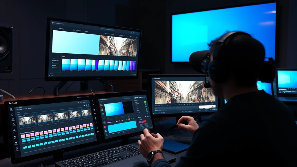Post-production editing suite with color grading interface displaying blue color palette adjustments, professional monitors showing film footage, hands working on color correction, modern digital cinema workflow, photorealistic technical environment