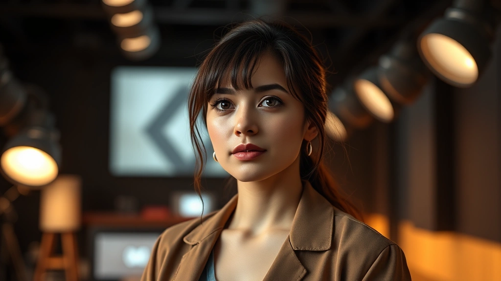 Professional headshot of female actor in modern film setting, warm studio lighting, contemporary clothing, thoughtful expression, photorealistic digital cinema quality