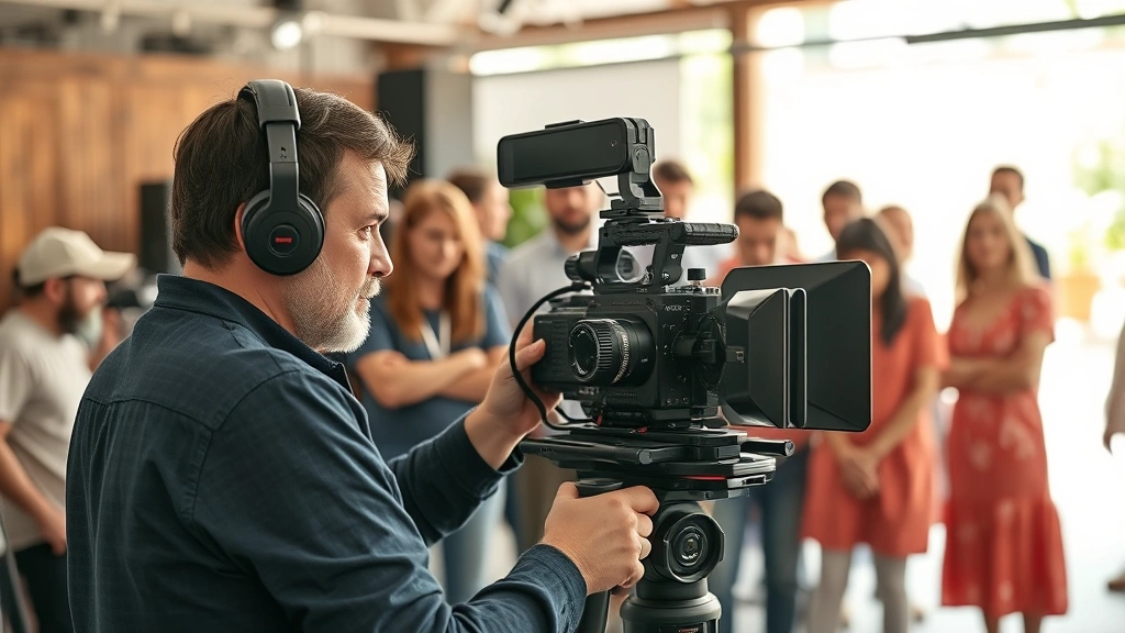 Film director at work on set with camera equipment, collaborative creative environment, diverse crew members in background, natural production lighting, professional atmosphere