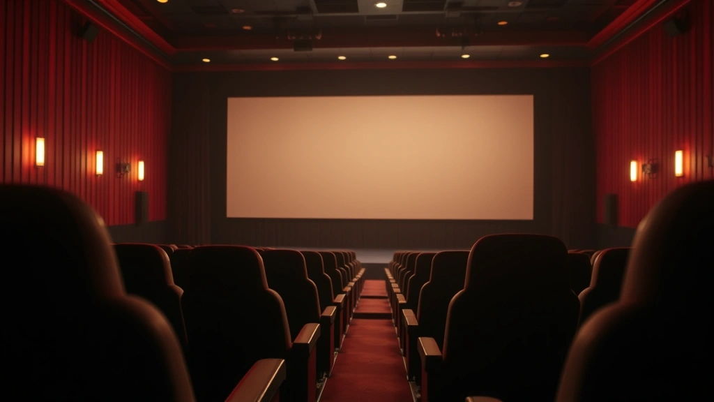 Empty movie theater seats facing screen with soft cinematic lighting, intimate venue suggesting independent film exhibition, warm ambient lighting, photorealistic detail