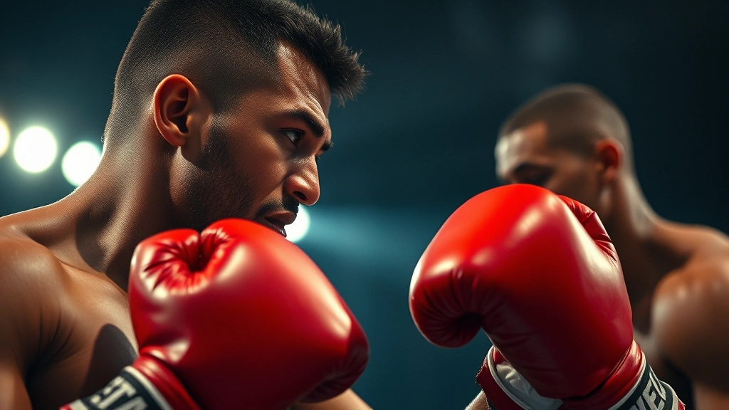 Professional boxer in ring wearing red gloves, intense facial expression during match, dramatic lighting casting shadows, sweat visible, competitor blurred in background, cinematic boxing match atmosphere