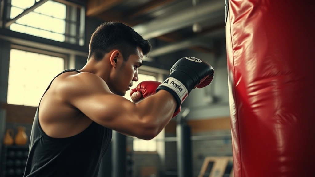 Boxing training montage scene: athletic person hitting heavy bag in industrial gym, focused concentration, gym equipment visible, natural warehouse lighting, gritty authentic training environment
