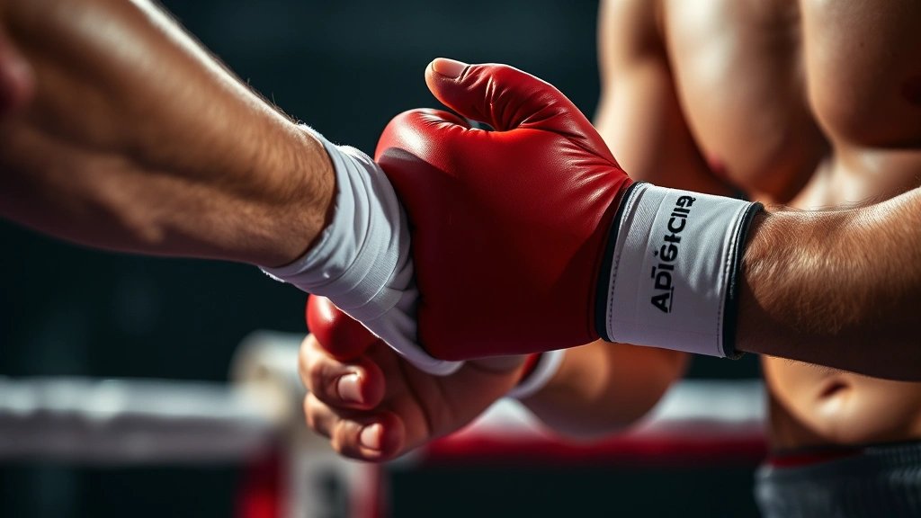 Close-up of boxer's hands wrapped in white tape, gloves being laced by trainer, intimate mentor moment, dramatic side lighting, showing preparation and dedication before competition