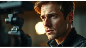 Professional male actor in dramatic scene performing with emotional intensity, close-up of face showing concentration and vulnerability during film production, warm lighting, cinematic depth of field, no visible text or interfaces