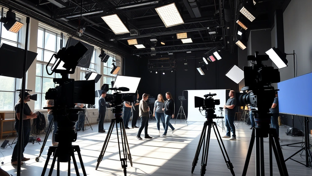 Modern film production set with professional cinematography equipment, cameras on rigs, lighting arrays, and crew members working in contemporary studio environment, daytime natural lighting mixed with professional lights, no screens or text visible