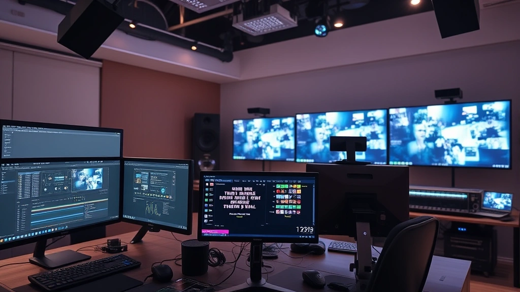 Digital streaming and media production environment showing modern editing suite aesthetic, professional monitors and production equipment in contemporary workspace, focused on production atmosphere rather than specific interfaces, no visible text or screen content