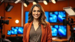 Woman in professional television studio setting, confident expression, wearing contemporary casual-professional clothing, warm studio lighting reflecting modern entertainment production environment