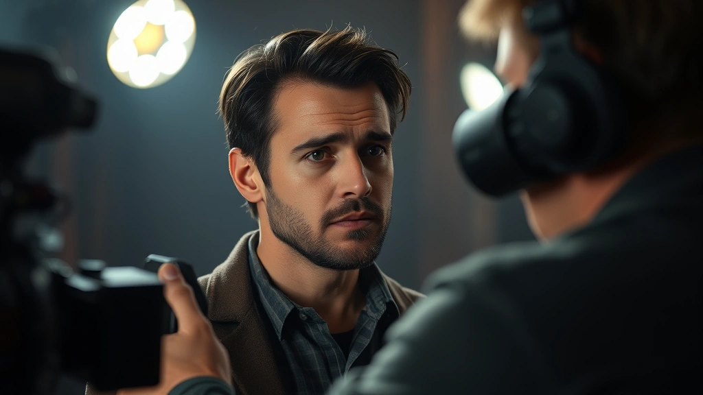 Actor performing on dramatic television set, emotional vulnerable moment, intimate close-up showing authentic character depth and professional lighting typical of prestige television production