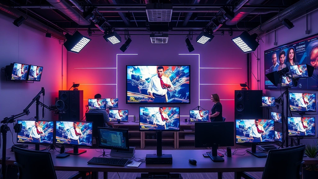 Television industry workspace showing modern streaming service aesthetic, collaborative creative environment with contemporary entertainment technology and professional atmosphere