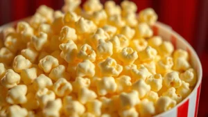 Close-up of buttered popcorn kernels in a large red-and-white striped cardboard bucket, golden butter glistening under warm theater lighting, shallow depth of field emphasizing texture and richness