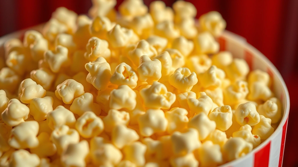 Close-up of buttered popcorn kernels in a large red-and-white striped cardboard bucket, golden butter glistening under warm theater lighting, shallow depth of field emphasizing texture and richness