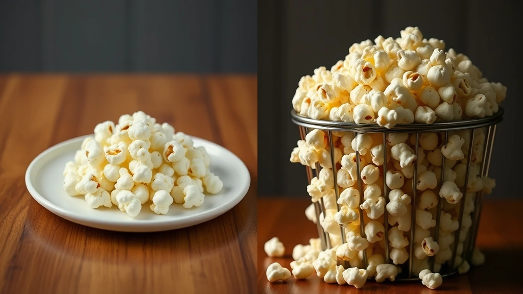 Split-screen comparison: left side shows a small portion of plain white popcorn on a minimalist plate, right side shows overflowing large buttered popcorn bucket, warm versus cool lighting to contrast healthy versus indulgent choices