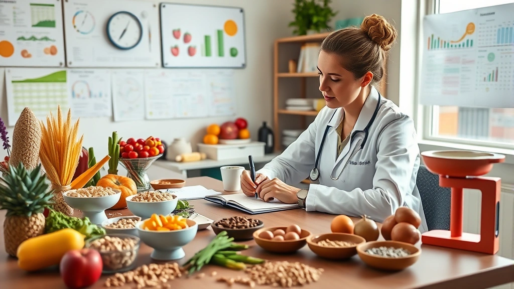 Nutritionist writing notes at desk surrounded by colorful food models, whole grains, measuring scales, and nutrition charts, modern clinic setting with natural window light, professional healthcare environment