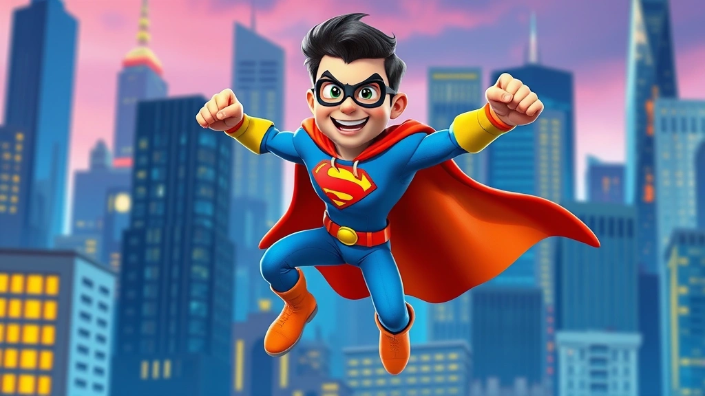 Dynamic animated superhero character in colorful cape mid-action pose against vibrant cityscape background, exaggerated heroic expression, bright digital animation style, comic book aesthetic