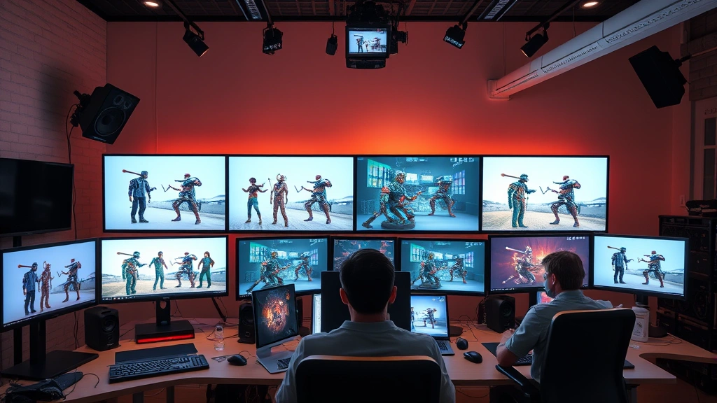 Modern animation studio workspace with multiple screens displaying 3D character models and visual effects, animators collaborating at workstations, professional digital media environment