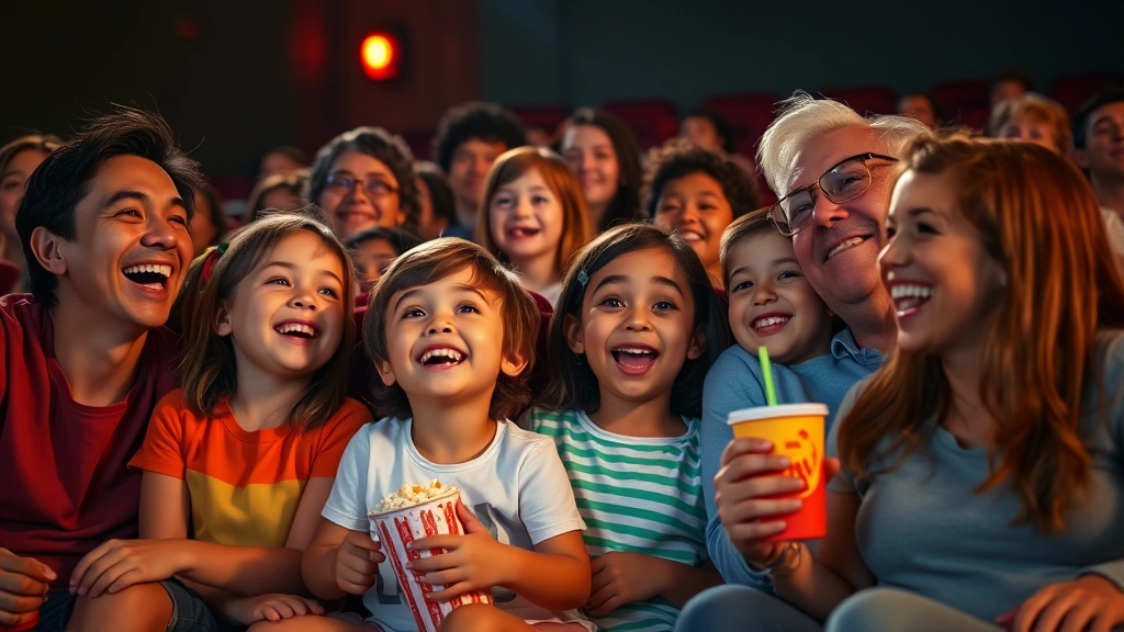 Diverse group of children and adults laughing together in movie theater during animated film screening, warm lighting, genuine joy expressions, popcorn and drinks visible, theatrical setting