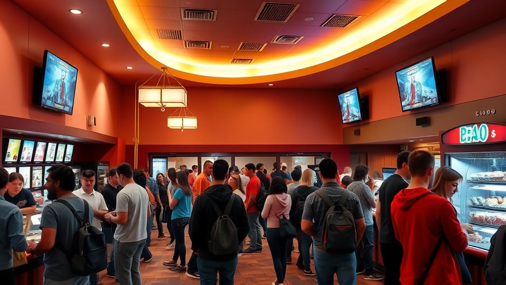 Vibrant movie theater lobby with diverse patrons purchasing concessions, warm lighting, welcoming atmosphere, no visible signage or text on screens