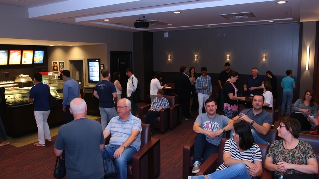 Community members enjoying movie theater lobby with concessions and social gathering space, families and friends interacting, comfortable seating areas visible