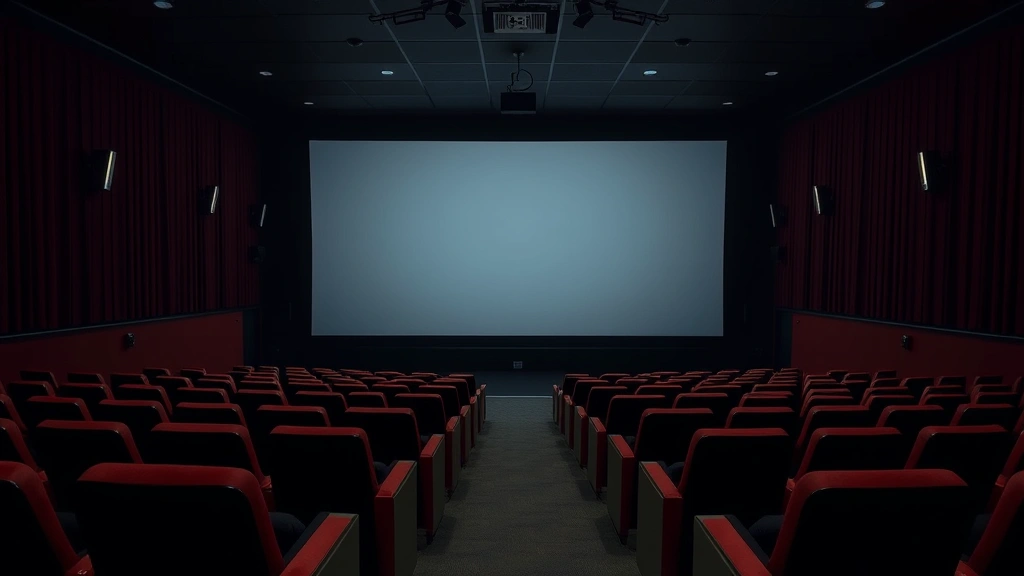 Movie theater auditorium with rows of seats facing large screen in darkness, comfortable seating, professional lighting design, empty theater ready for audience