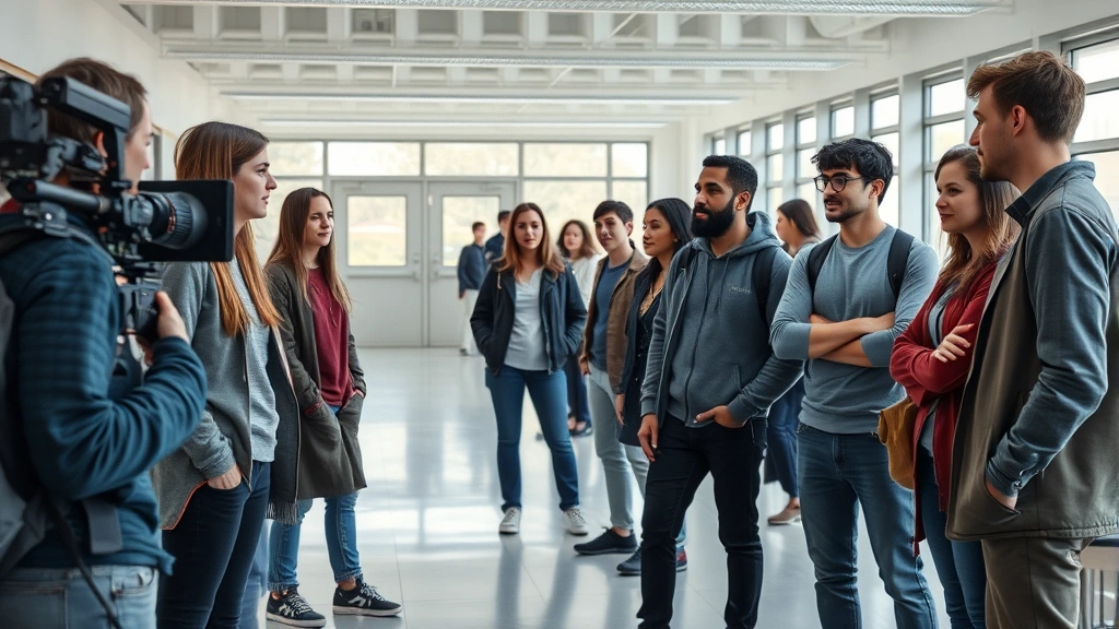 Professional film production still showing diverse ensemble cast members in modern school setting, natural lighting, candid interaction between actors, contemporary cinematography style, educational environment background