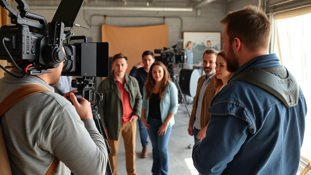 Behind-the-scenes photograph of comedy film cast during production, actors in casual conversation on set, professional film equipment visible, collaborative creative environment, natural daylight