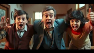 Three actors performing exaggerated physical comedy in 1970s-style orphanage setting, wide comedic expressions, slapstick action captured mid-moment, warm lighting, professional film production quality